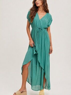 Elan Teal High Low Maxi Dress Swim Cover Up Drawstring Waist M